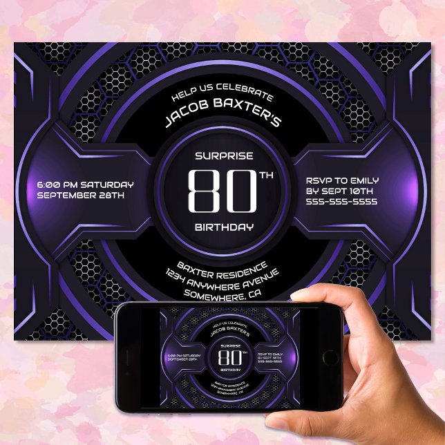 Invitación Black Purple Surprise Fiesta de cumpleaños número  (Subido por el creador)