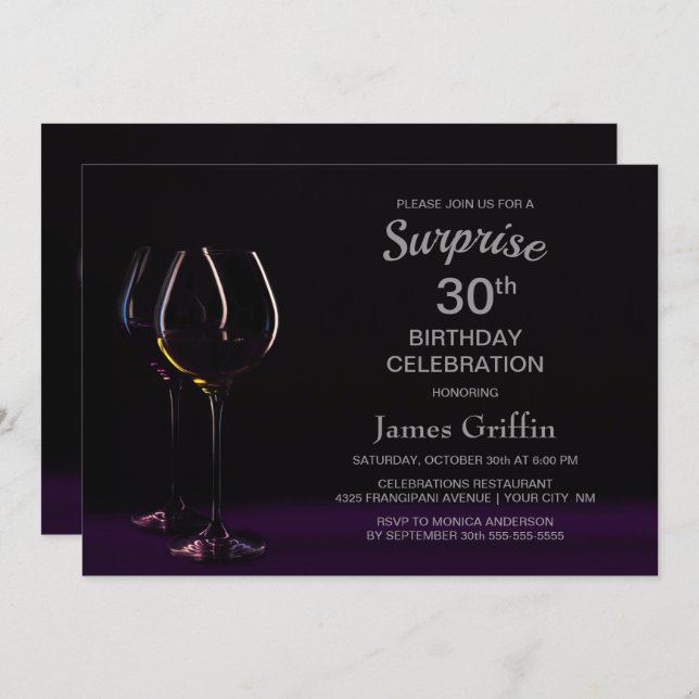 Invitación Black Purple Surprise Glass de Vino de Cumpleaños  (Anverso / Reverso)