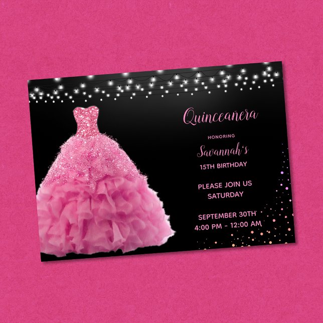 Invitación Black Quinceanera Princesa Luces de bata rosada (Subido por el creador)
