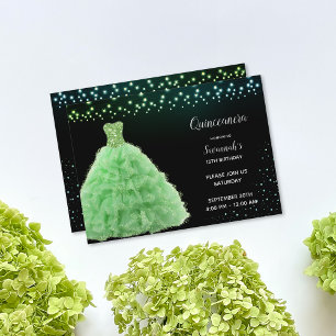 Invitación Black Quinceanera Princess Lime Green Gown Luces