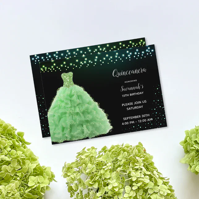 Invitación Black Quinceanera Princess Lime Green Gown Luces