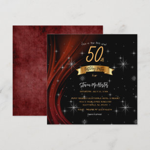 Invitación Black & Red 50th Birthday Party Gold Font