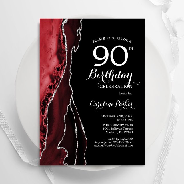 Invitación Black Red Agate 90th Birthday (Subido por el creador)