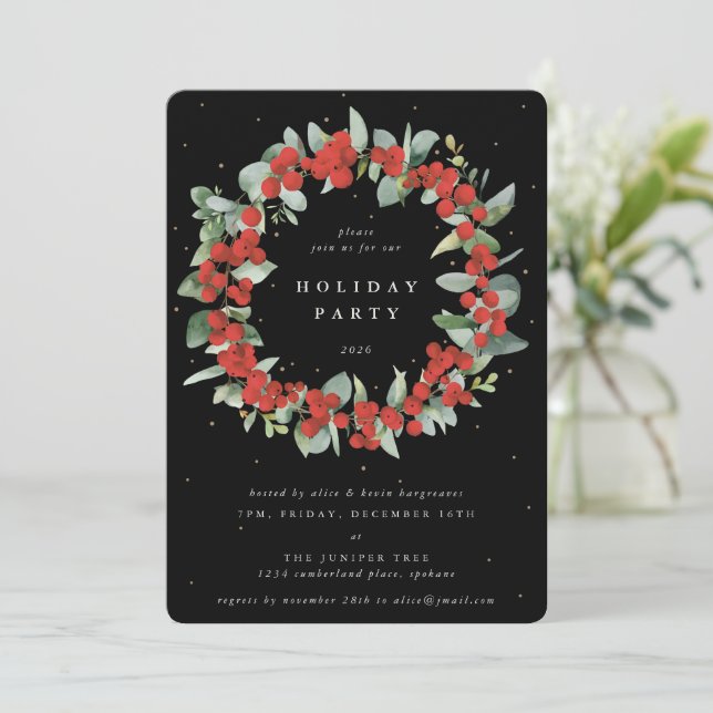 Invitación Black Red Berries+Eucalyptus Wreath Holiday Party (Anverso de pie)