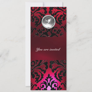Invitación BLACK & RED DAMASK GEM STONE MONOGRAM burgundy