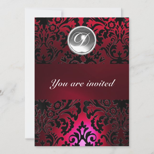 Invitación BLACK & RED DAMASK GEM STONE MONOGRAM burgundy (Anverso)