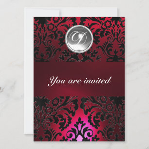 Invitación BLACK & RED DAMASK GEM STONE MONOGRAM burgundy