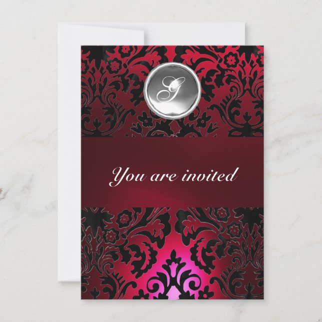 Invitación BLACK & RED DAMASK GEM STONE MONOGRAM burgundy (Anverso)