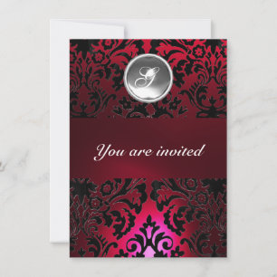 Invitación BLACK & RED DAMASK GEM STONE MONOGRAM burgundy