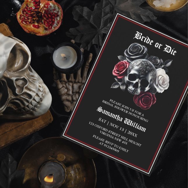 Invitación Black Red Floral Skull Halloween Bridal Shower (Subido por el creador)