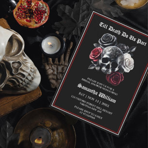 Invitación Black Red Floral Skull Halloween Bridal Shower