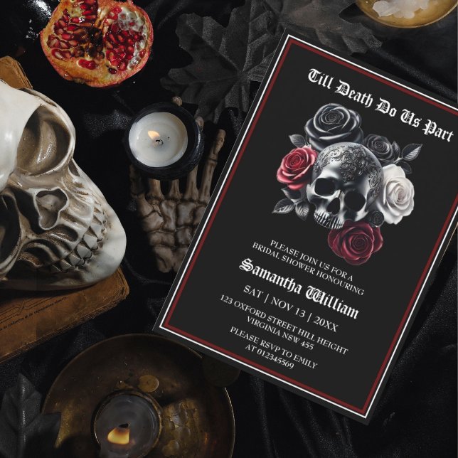 Invitación Black Red Floral Skull Halloween Bridal Shower (Subido por el creador)