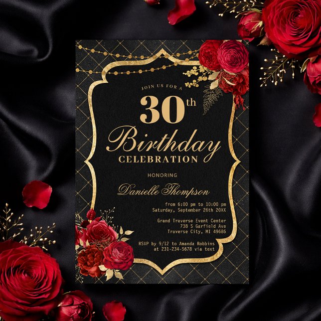 Invitación Black, Red & Gold 30th Birthday Invitation (Black, Red & Gold 30th Birthday Invitation with Roses
)
