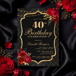 Invitación Black, Red & Gold 40th Birthday Invitation
