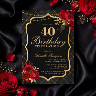 Invitación Black, Red & Gold 40th Birthday Invitation