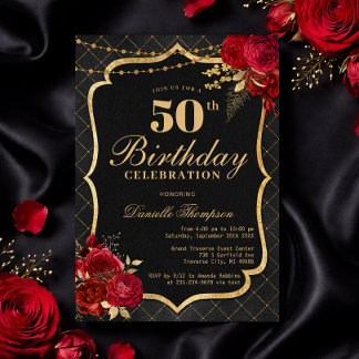 Invitación Black, Red & Gold 50th Birthday Invitation
