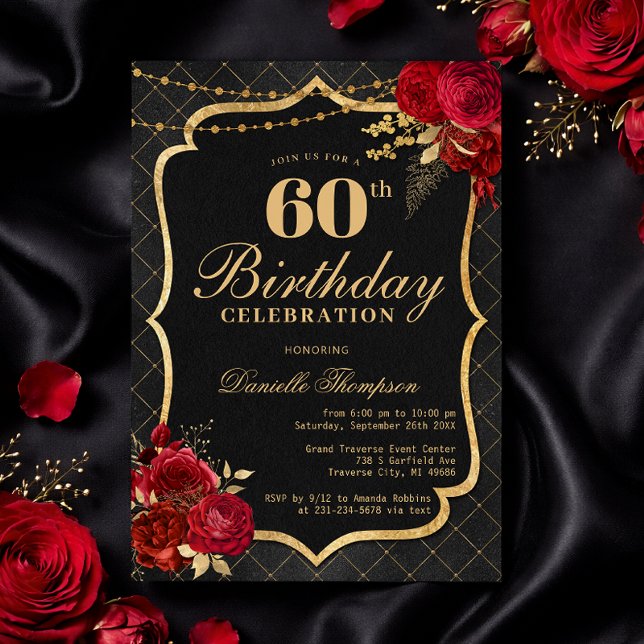 Invitación Black, Red & Gold 60th Birthday Invitation (Black, Red & Gold 60th Birthday Invitation with Roses
)