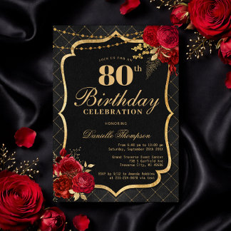 Invitación Black, Red & Gold 80th Birthday Invitation