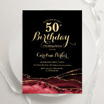 Invitación Black Red Gold Agate 50 cumpleaños<br><div class="desc">Invitación a la fiesta de cumpleaños número 50 de negro, rojo y oro. Elegante diseño moderno con fondo geodésico de mármol agate acuarela, oro falso purpurina y tipografía de escritura. La carta de invitación de moda es perfecta para una elegante celebración del cumpleaños de las mujeres. Invitaciones Zazzle impresas o...</div>