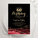 Invitación Black Red Gold Agate 60 cumpleaños<br><div class="desc">Invitación a la fiesta de cumpleaños número 60 de negro, rojo y oro. Elegante diseño moderno con fondo geodésico de mármol agate acuarela, oro falso purpurina y tipografía de escritura. La carta de invitación de moda es perfecta para una elegante celebración del cumpleaños de las mujeres. Invitaciones Zazzle impresas o...</div>