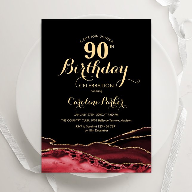 Invitación Black Red Gold Agate 90 cumpleaños (Subido por el creador)