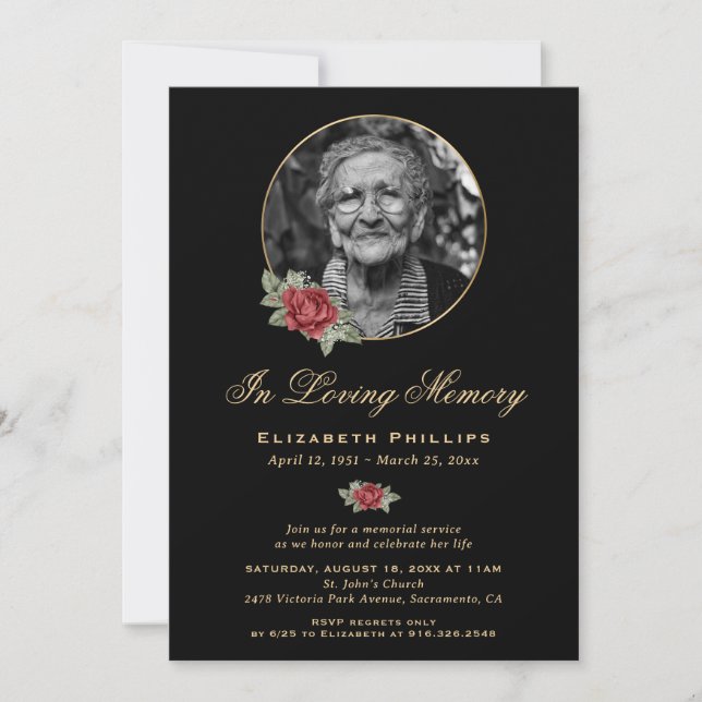 Invitación Black Red Gold Floral Photo Memorial Service (Anverso)