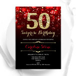 Invitación Black Red Gold Surprise 50 cumpleaños<br><div class="desc">Sorpresa 50.ª invitación a la fiesta de cumpleaños. Elegante diseño negro rojo con falso oro purpurina. Cuenta con diamantes elegantes, luces de bokeh y fuente de guiones. Invitación de cumpleaños de hombres o mujeres. Perfecto para una elegante fiesta de cumpleaños. Personaliza con tus propios detalles. Mándame un mensaje si necesitas...</div>