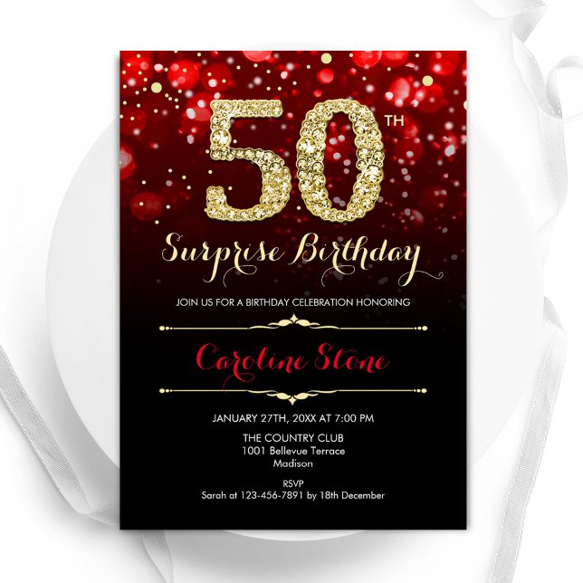 Invitación Black Red Gold Surprise 50 cumpleaños (Subido por el creador)