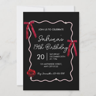 Invitación Black Red Modern Coquette 19th Birthday Invitation