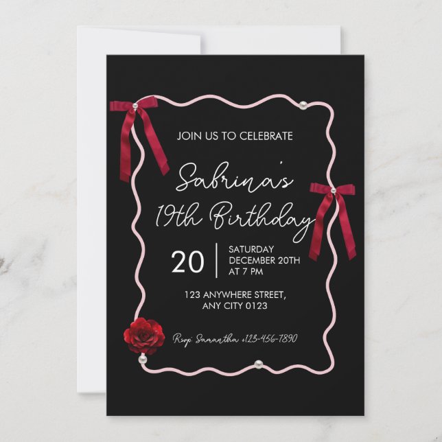Invitación Black Red Modern Coquette 19th Birthday Invitation (Anverso)