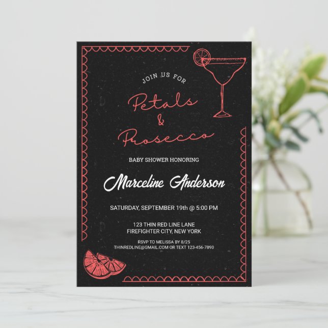 Invitación Black & Red Petals y Prosecco Baby Shower (Anverso de pie)
