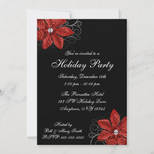 Invitación Black Red Poinsettia Swils Holiday Party