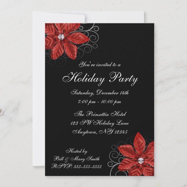 Invitación Black Red Poinsettia Swils Holiday Party (Anverso)