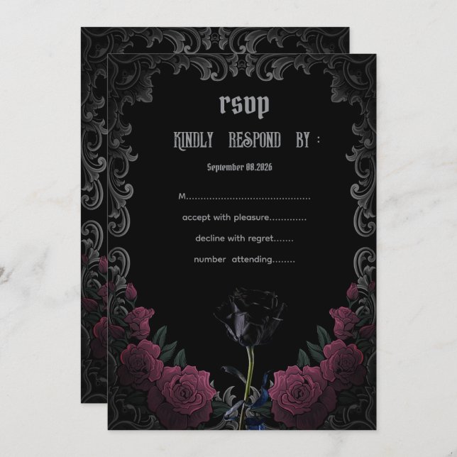 Invitación  Black Red Roses Gothic  RSVP   (Anverso / Reverso)