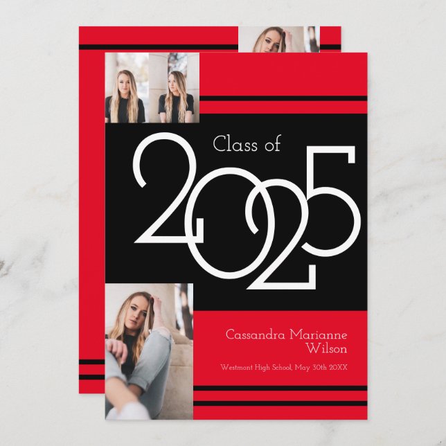 Invitación Black Red School Colors Graduation Announcement (Anverso / Reverso)