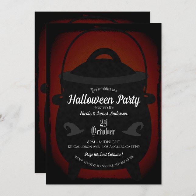 Invitación Black Red Vintage Witch Cauldron Halloween Party (Anverso / Reverso)