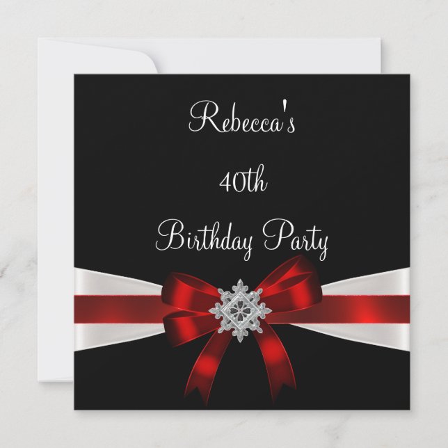 Invitación Black Red White Jewel Bow 40 cumpleaños elegante (Anverso)