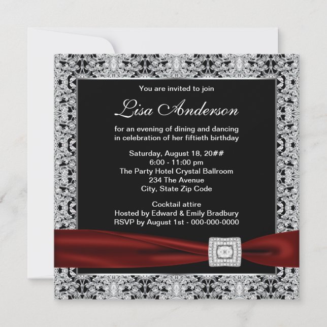 Invitación Black Red Womans Cranberry Red 50th Birthday Party (Anverso)