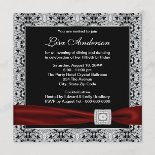 Invitación Black Red Womans Cranberry Red 50th Birthday Party