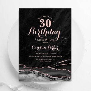 Invitación Black Rosa Gold Agate 30th Birthday
