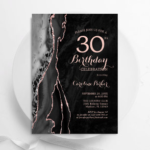 Invitación Black Rosa Gold Agate 30th Birthday