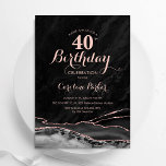 Invitación Black Rosa Gold Agate 40 cumpleaños<br><div class="desc">Invitación a la fiesta de cumpleaños número 40 de oro negro y rosa. Elegante diseño moderno con fondo geodésico de mármol agate acuarela, rosa purpurina falso de oro y tipografía de escritura. La carta de invitación de moda es perfecta para una elegante celebración del cumpleaños de las mujeres. Invitaciones Zazzle...</div>