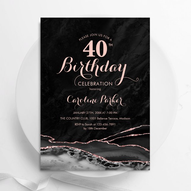Invitación Black Rosa Gold Agate 40 cumpleaños (Subido por el creador)