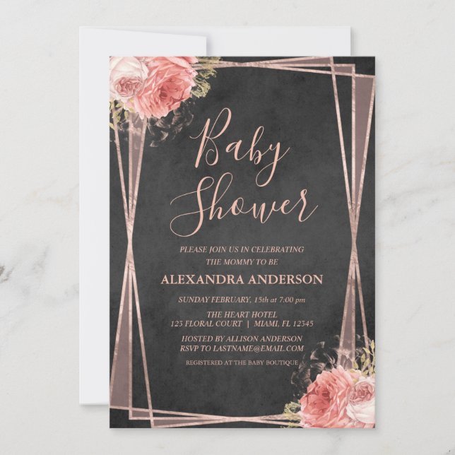 Invitación Black Rosa Gold Floral Geométrica Baby Shower (Anverso)
