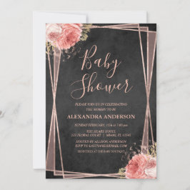 Invitación Black Rosa Gold Floral Geométrica Baby Shower