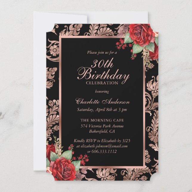 Invitación Black Rosa Gold Red Floral 30 cumpleaños (Anverso)