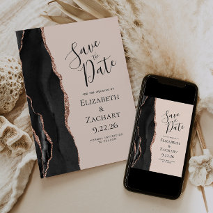 Invitación Black Rose Gold Agate Blush Save the Date