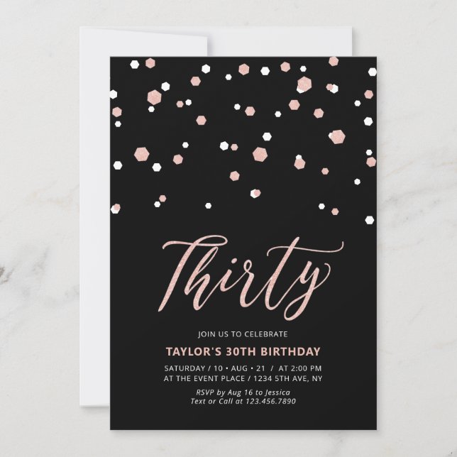 Invitación Black Rose Gold Cumpleaños Treinta 30 Fiesta Senci (Anverso)