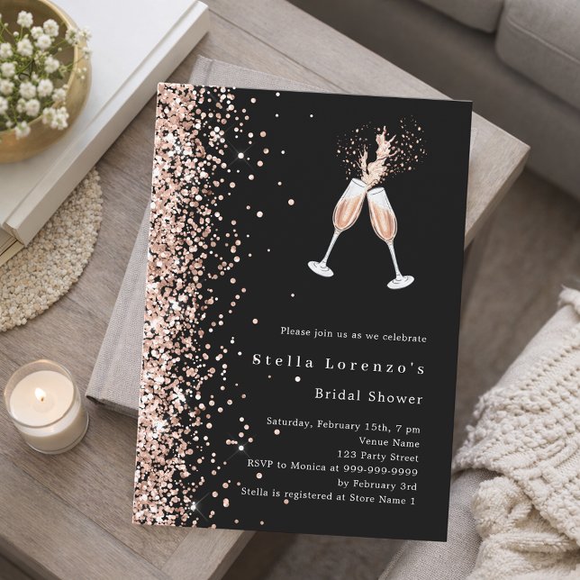 Invitación Black rose gold glitter cheers party Bridal Shower (Subido por el creador)