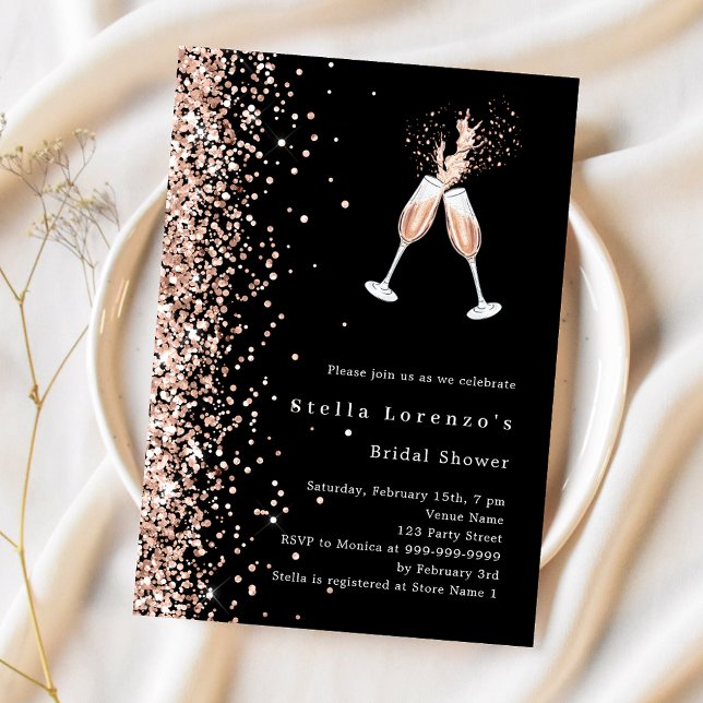 Invitación Black rose gold glitter cheers party Bridal Shower (Subido por el creador)